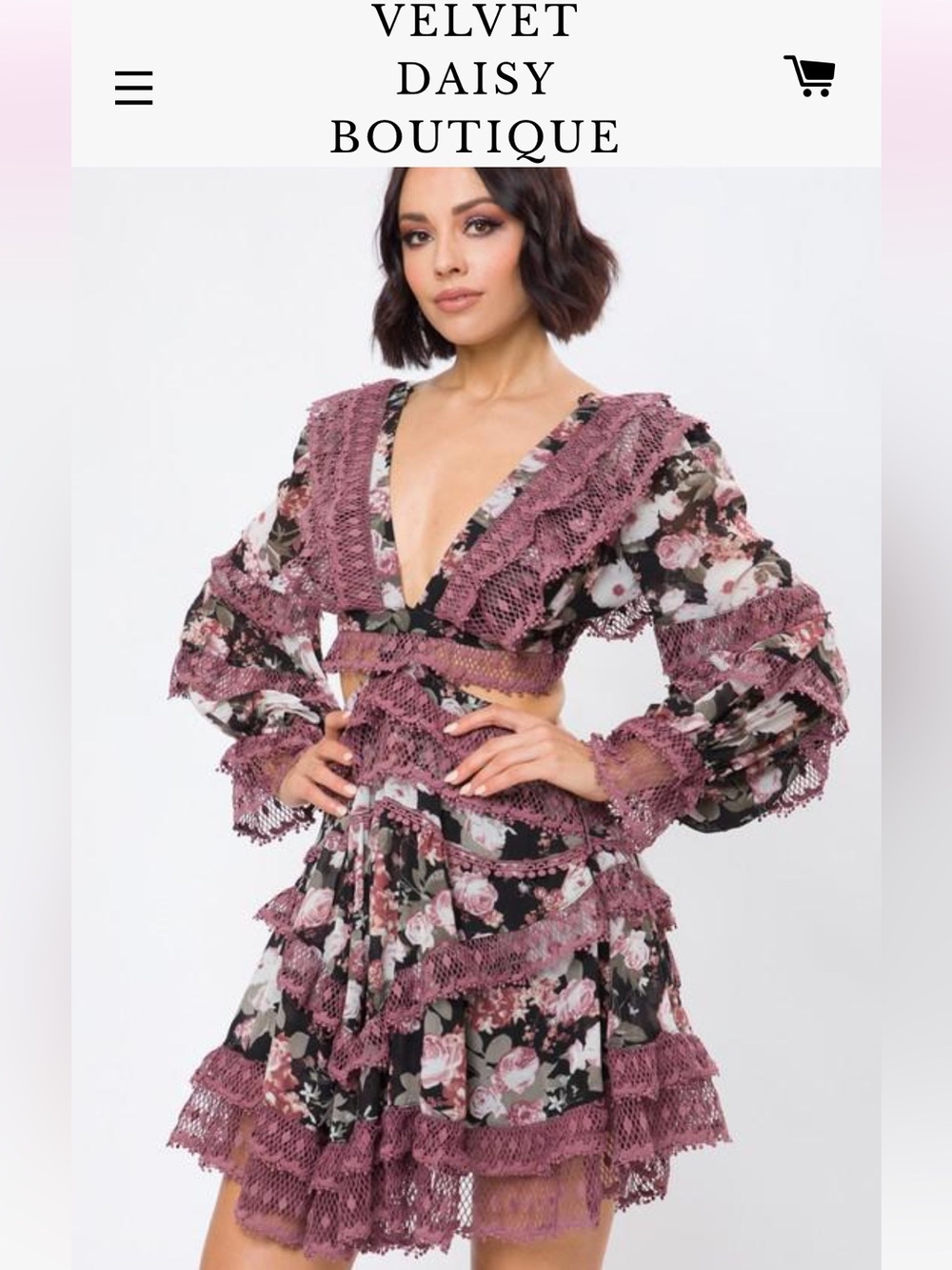 Rosevelvet Blue floral Lace-Trim Floral V-Neck Mini Dress